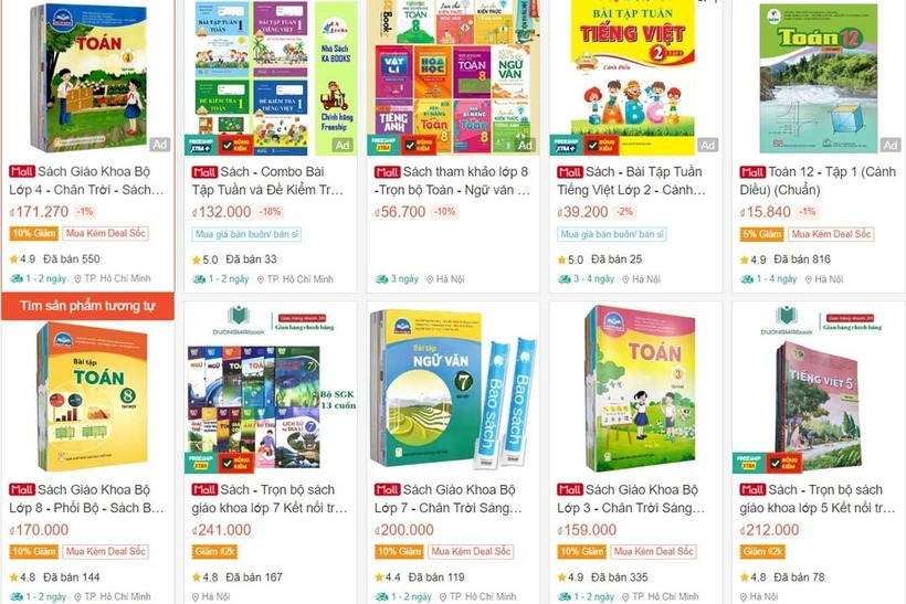 Trên các sàn thương mại điện tử, sách giáo khoa, sách tham khảo,... được bày bán khá đầy đủ từ trọn bộ đến sách lẻ để phụ huynh lựa chọn. Ảnh chụp màn hình