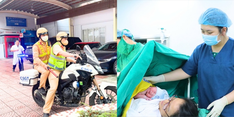 Cảnh sát giao thông “xé đường” cứu mẹ con sản phụ giữa giờ cao điểm Hà Nội. Ảnh: BVCC