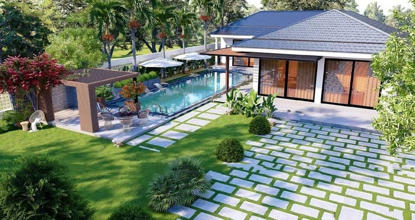 Villa sân vườn 1 tầng không chỉ dành cho không gian sống tiện nghi mà còn ưu tiên phát triển cảnh quan xanh mát, sân vườn và hồ bơi riêng. Ảnh minh họa.