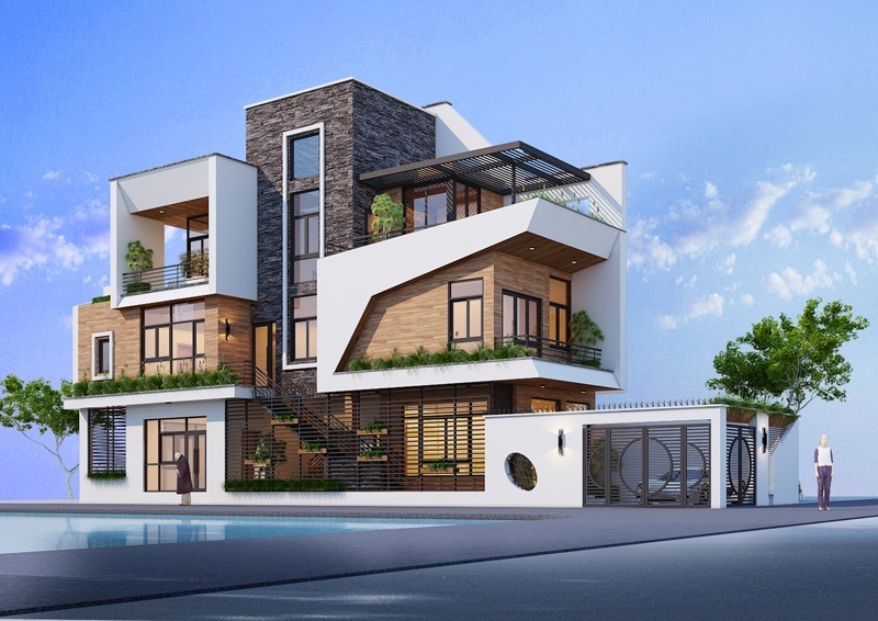 Villa phong cách hiện đại nổi bật với việc sử dụng các hình khối rõ ràng, lược bỏ những chi tiết trang trí cầu kỳ, phức tạp. Ảnh minh họa.