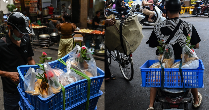 Những chuyến xe giao hàng cho khách đặt online từ xa chạy liên tục từ các gian hàng bán gà cúng ở chợ Hàng Bè. Ảnh: Dân trí
