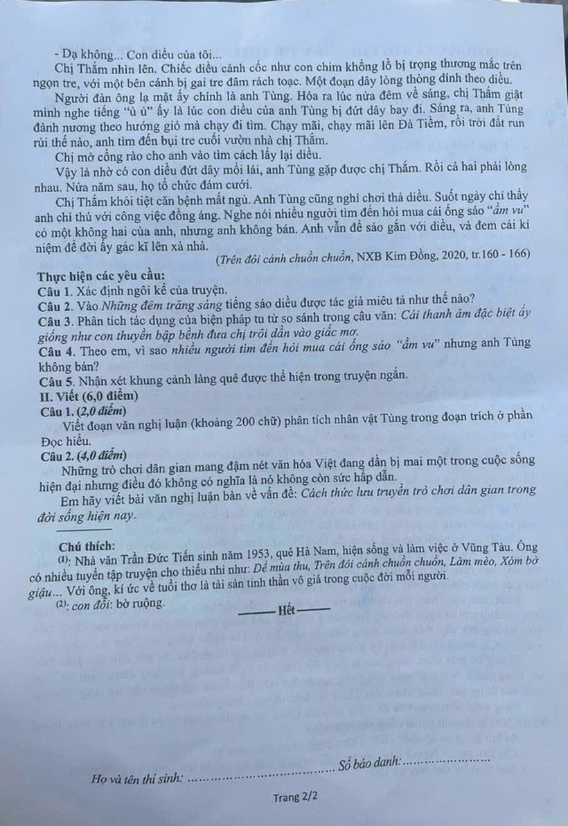Đề thi Ngữ văn vào lớp 10.