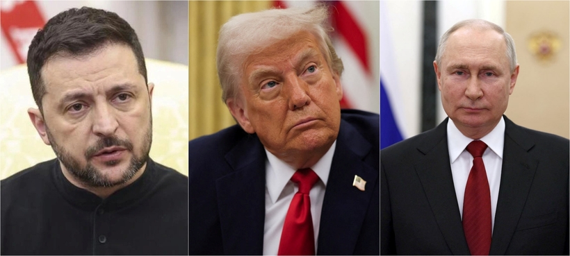 Tổng thống Ukraine Volodymyr Zelensky (ngoài cùng, bên trái), Tổng thống Mỹ Donald Trump (giữa) và Tổng thống Nga Vladimir Putin. Ảnh: Reuters