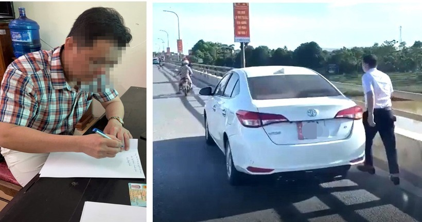Anh D. tại cơ quan Công an và hình ảnh được cắt từ clip lan truyền trên mạng xã hội.Ảnh: Công an Thanh Hóa