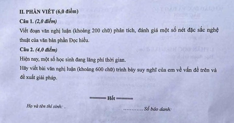 Đề môn Văn thi vào lớp 10 Bắc Ninh năm 2025. Ảnh: Vietnamnet