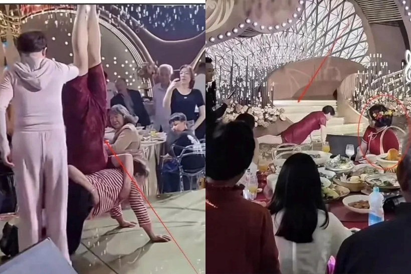 Mẹ chú rể trong bộ sườn xám đỏ rạng rỡ đã bước lên sân khấu và bất ngờ thực hiện màn "trồng cây chuối". Ảnh: Sohu.