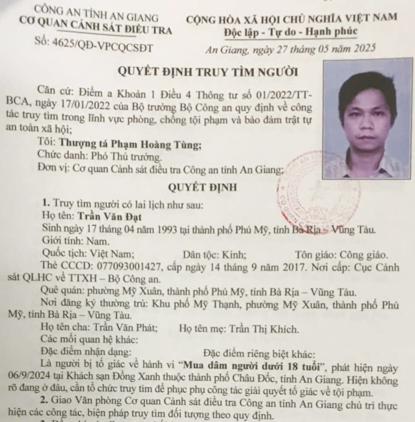 Quyết định truy tìm Trần Văn Đạt và Nguyễn Gia Thụy. Ảnh: Báo An Giang
