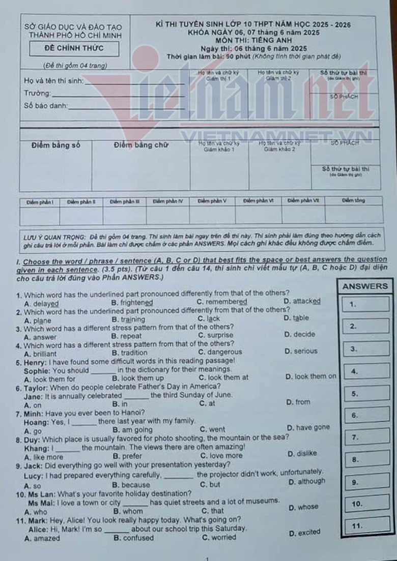 Đề thi, đáp án gợi ý môn tiếng Anh vào lớp 10 THPT 2025 ở TP.HCM nhanh nhất, chính xác nhất - 1