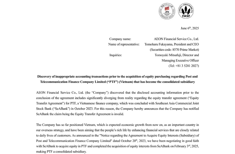 Thông báo chính thức từ AEON Financial Service Co., Ltd về việc việc phát hiện thông tin kế toán được công bố trước khi ký kết thỏa thuận chuyển nhượng cổ phần đối với Công ty Tài chính PTF có sự sai lệch so với thực tế.