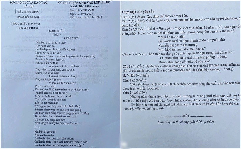 Đề thi môn văn vào lớp 10 Hà Nội. (Ảnh: Dân trí)