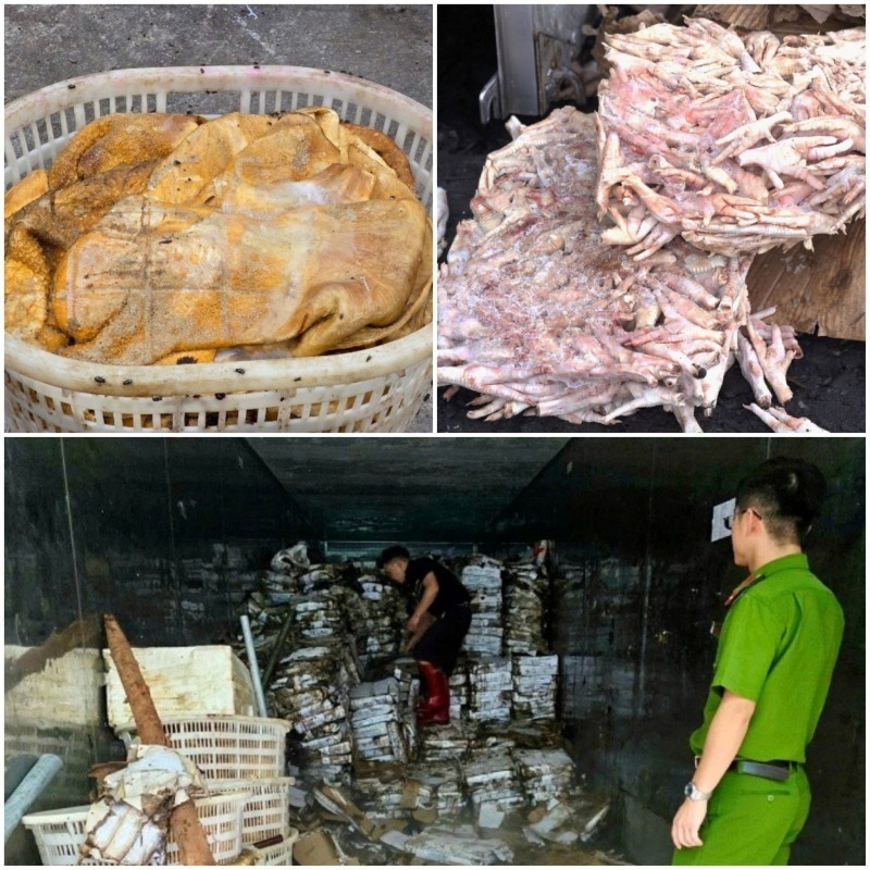 Hơn 25 tấn thực phẩm bốc mùi hôi thối chuẩn bị đưa vào quán nướng. Ảnh: Báo Công an Nhân dân.