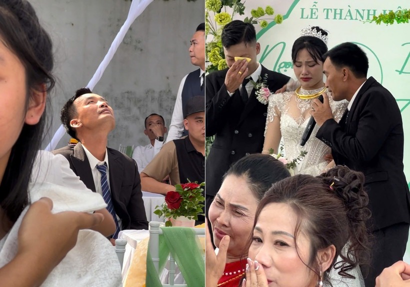 Ông Quyền rơi nước mắt trong ngày đưa con gái về nhà chồng. Ảnh: Vietnamnet.