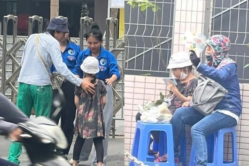 Hình ảnh anh trai đưa em gái đến điểm thi vào lớp 10 chuyên, nhờ tình nguyện viên trông giúp để vào phòng thi. Ảnh: ZNews