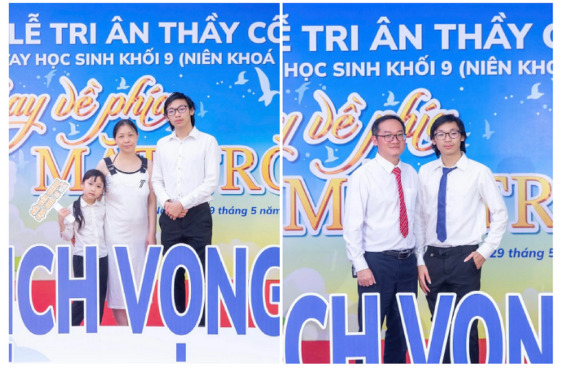 Mạnh Đức chụp ảnh cùng mẹ, em gái (bên trái) và thầy Nghĩa trong lễ tri ân. Ảnh: ZNews