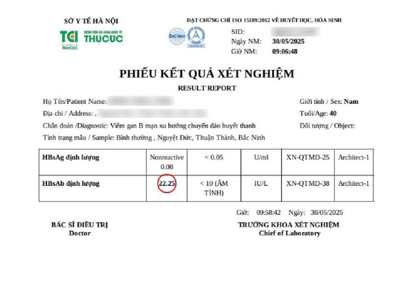Chỉ số HBsAb của anh V. đạt 22,25 IU/L, vượt ngưỡng có kháng thể, đồng nghĩa với việc khỏi bệnh viêm gan B (Ảnh: Thu Cúc TCI).