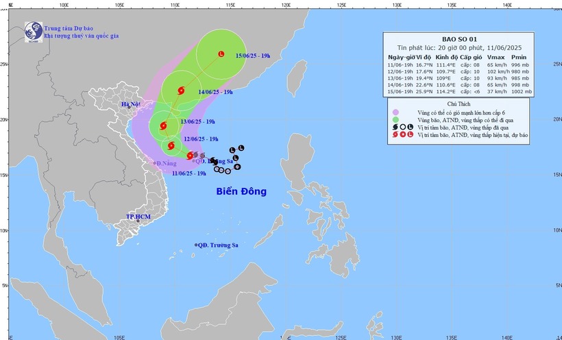 Dự báo hướng di chuyển của bão số 1. Ảnh: ncfmh