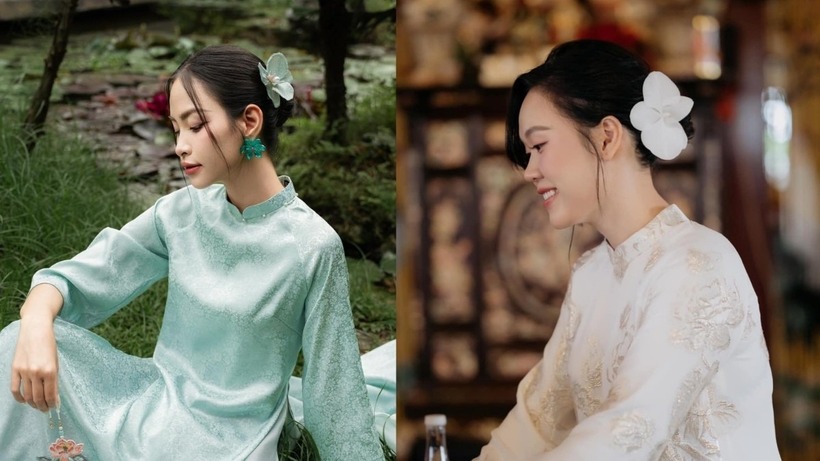 Kiểu tóc búi thấp là một lựa chọn quen thuộc và được yêu thích khi diện áo dài cổ điển.