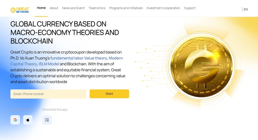 Great Crypto được giới thiệu là "một loại tiền điện tử tiên tiến, được phát triển dựa trên lý thuyết giá trị lao động cơ bản của Tiến sĩ Võ Xuân Trường". Ảnh chụp màn hình