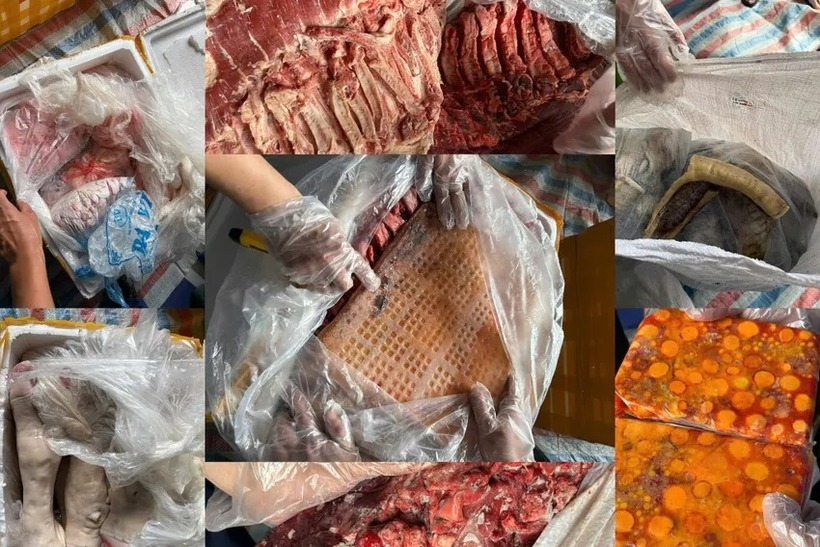 20 tấn sản phẩm đông lạnh, bao gồm nội tạng động vật như lòng lợn, dồi sụn, lách bò, cuống họng, trứng gà non... Ảnh: PLO.