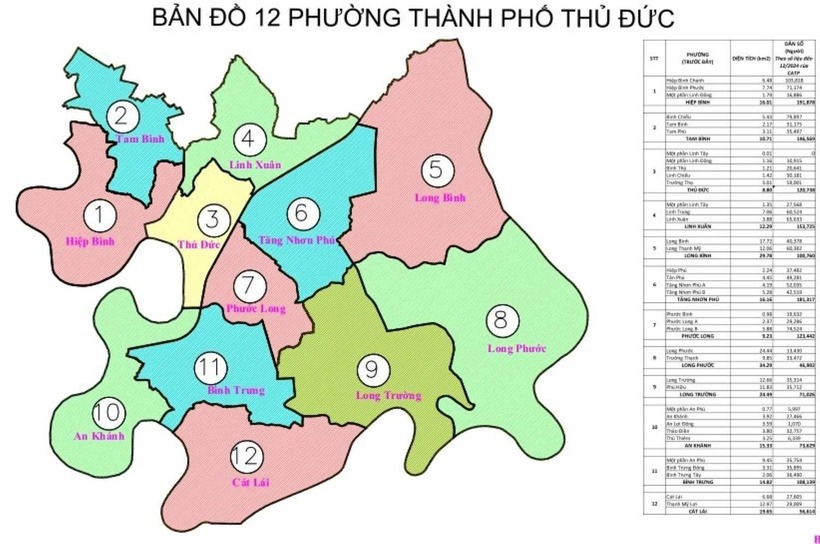 Bản đồ 12 phường mới ở TP Thủ Đức. Ảnh: UBND TP Thủ Đức/Lao động
