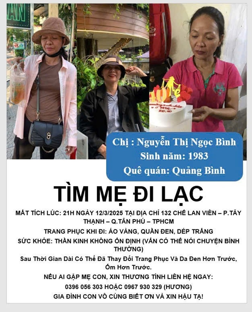 Thông tin tìm bà Nguyễn Thị Ngọc Bình. Ảnh: Báo Thanh niên.