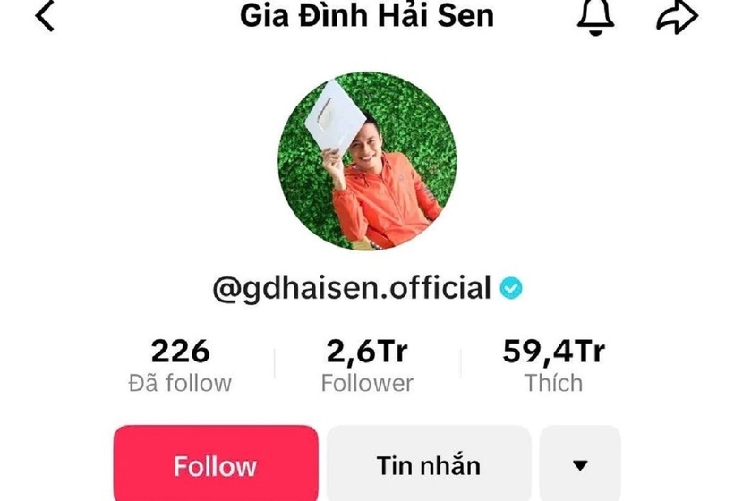 Kênh TikTok "Gia đình Hải Sen" do Lê Văn Hải làm chủ có hơn 2,6 triệu lượt follower (Ảnh chụp màn hình).