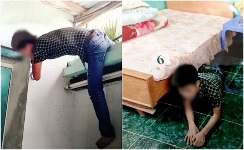 V.Đ.C. trèo qua ô thoáng đột nhập nhà gia chủ. Sợ bị phát hiện nên chui vào gầm giường chờ thời cơ. (Ảnh: Công an Kiến An)