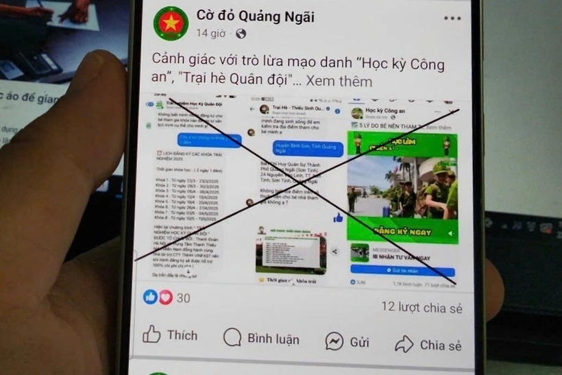 Công an Quảng Ngãi cảnh báo thủ đoạn lừa đảo bằng cách mạo danh các đơn vị tổ chức hoạt động trại hè công an, quân đội. Ảnh: Dân trí
