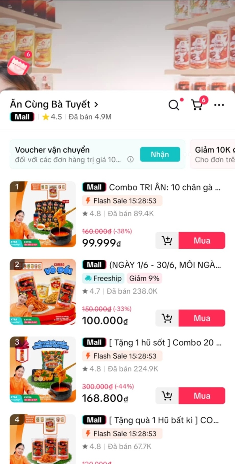 Tài khoản Tiktok "Ăn Cùng Bà Tuyết" với 1,7 triệu lượt theo dõi vẫn livestream kinh doanh, hoạt động bình thường.