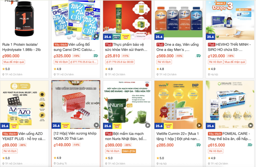 Chỉ cần gõ tìm kiếm cụm từ 'thực phẩm chức năng' trên các sàn thương mại hay các hội nhóm, không khó để bắt gặp các loại thực phẩm chức năng đủ loại với đủ mức giá khác nhau. Ảnh chụp màn hình.