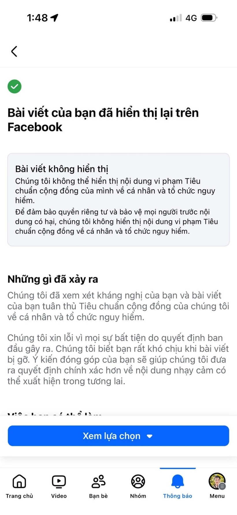 Admin một nhóm tiến hành kháng cáo nội dung lên Facebook và đã được hiển thị lại nội dung mà trước đó Facebook cho là vi phạm tiêu chuẩn cộng đồng. Ảnh: VietNamNet