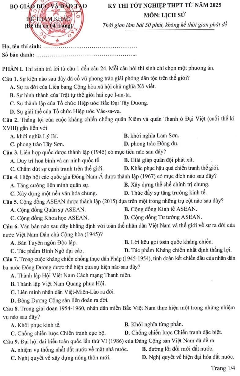 Gợi ý đáp án,  đề thi môn Lịch sử mã đề 0814 tốt nghiệp THPT 2025 chính xác nhất - 2