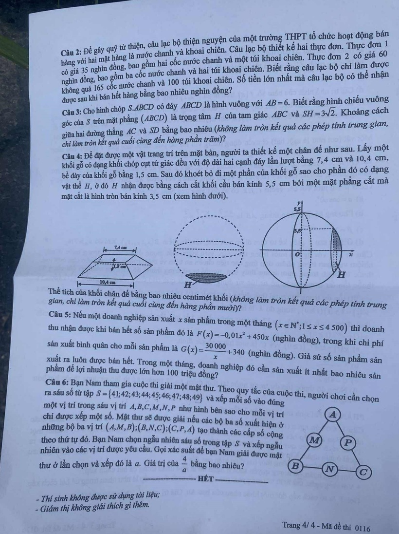 Đề thi môn Toán thi tốt nghiệp THPT năm 2025 mã đề 0116.