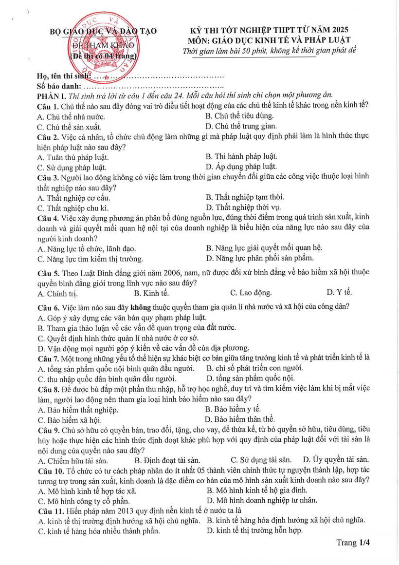 Đề thi, đáp án gợi ý môn Giáo dục Kinh tế & Pháp luật tốt nghiệp THPT 2025 mã đề 1045 - 2