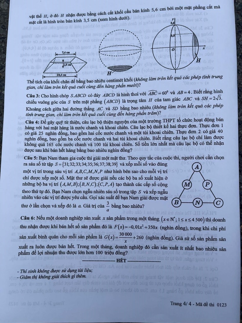 Đề thi môn Toán thi tốt nghiệp THPT năm 2025 mã đề 123.