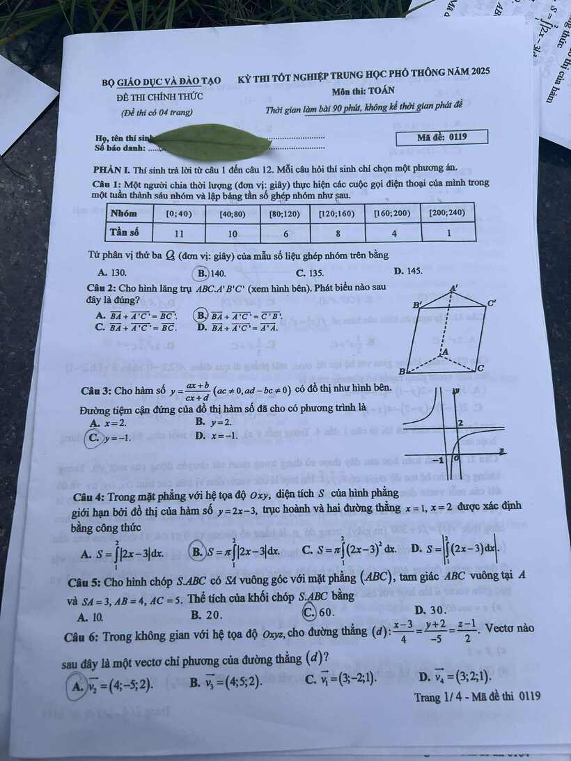 Đáp án gợi ý, đề thi môn Toán tốt nghiệp THPT 2025 mã đề 119 - 2