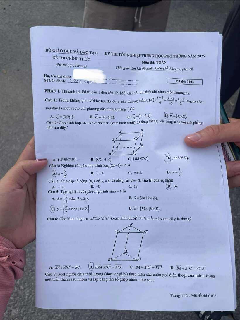 Đáp án gợi ý, đề thi môn Toán tốt nghiệp THPT 2025 mã đề 103 - 2