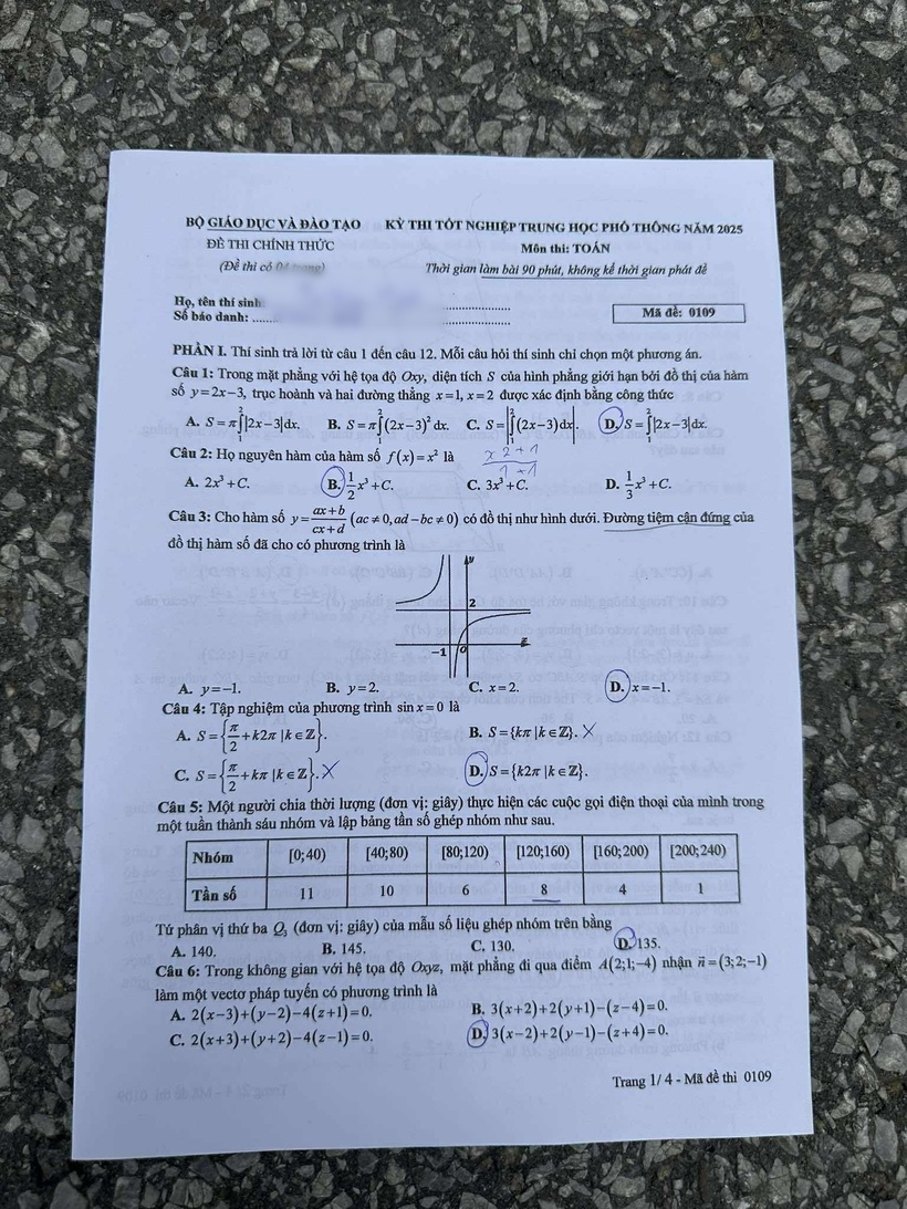 Đáp án gợi ý, đề thi môn Toán tốt nghiệp THPT 2025 mã đề 109 - 2