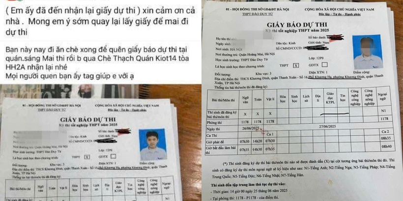 Nam sinh quên thẻ dự thi ở quán chè ngày 25/6. Ảnh chụp màn hình