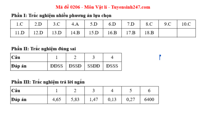 Đáp án gợi ý môn Vật lý mã đề 0206 thi tốt nghiệp THPT 2025. Ảnh: Tuyensinh 247.com