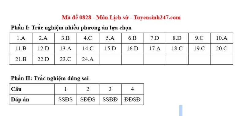 Gợi ý đáp áb môn Lịch sử mã đề 0828 tốt nghiệp THPT 2025. Nguồn: Tuyển sinh 247