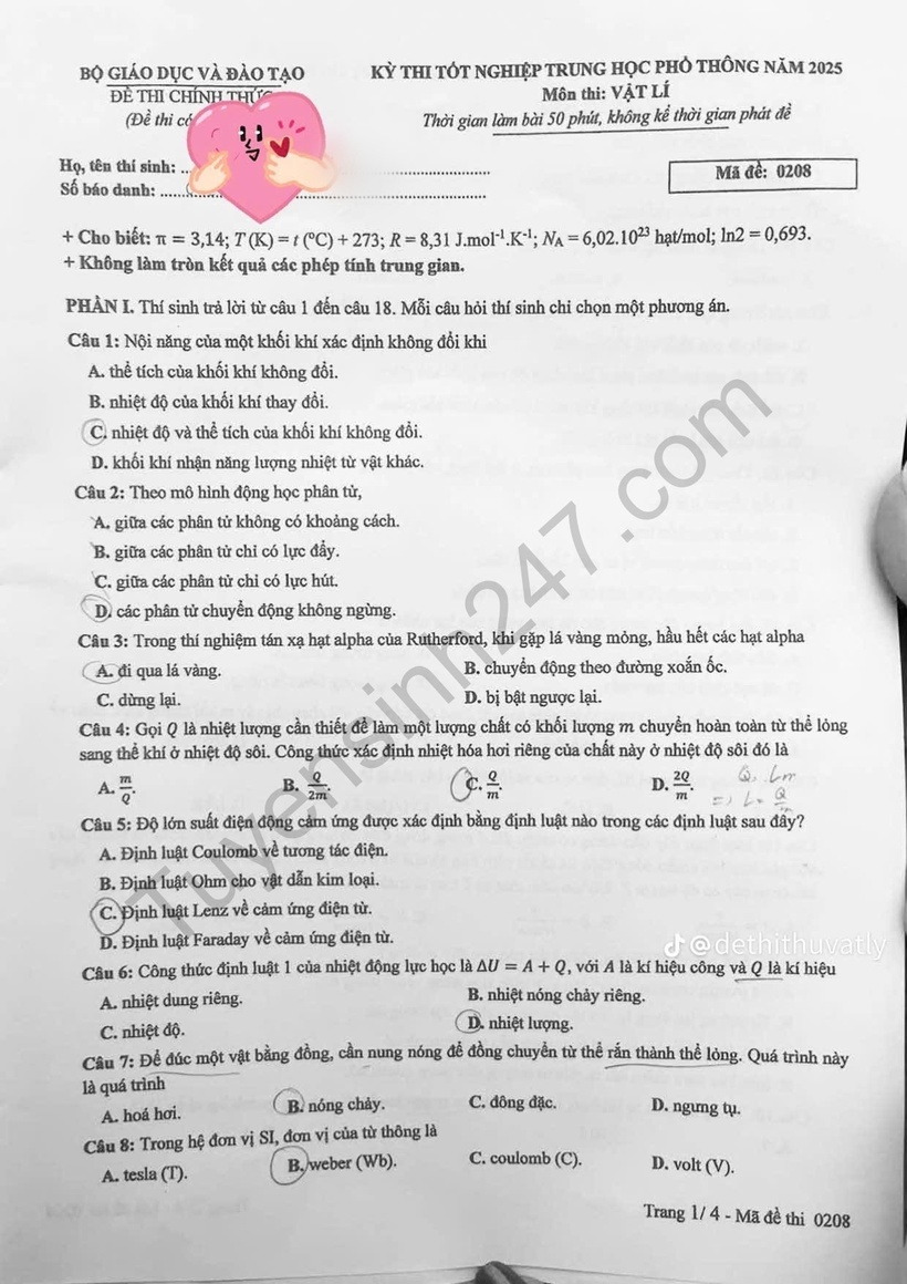 Đáp án gợi ý, đề thi môn Vật lý mã đề 0208 tốt nghiệp THPT 2025 chính xác nhất - 2