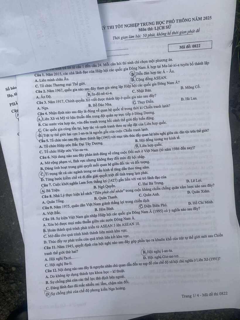 Gợi ý đáp án, đề thi môn Lịch sử mã đề 0822 tốt nghiệp THPT 2025 chính xác nhất - 2
