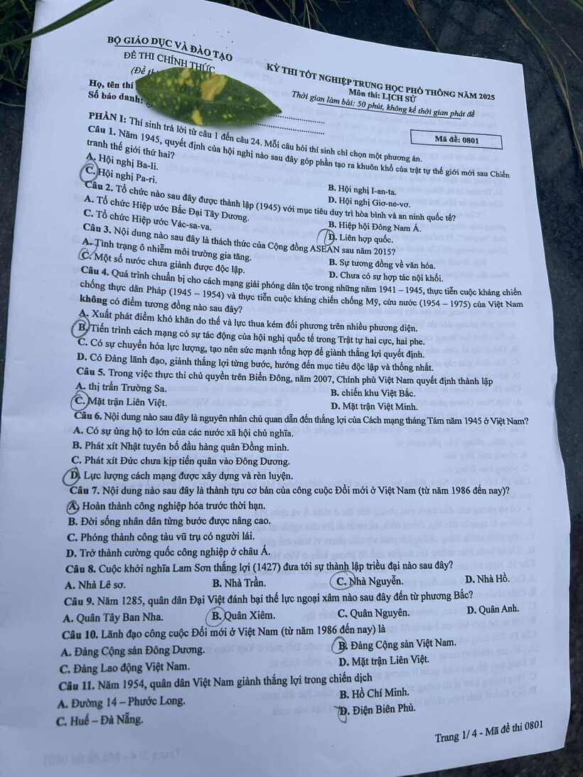 Gợi ý đáp án,  đề thi môn Lịch sử mã đề 0801 tốt nghiệp THPT 2025 chính xác nhất - 2