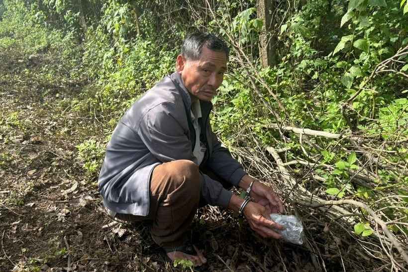 Đối tượng Quang cùng số ma túy cất giấu trong vườn nhà. Ảnh: Dân trí