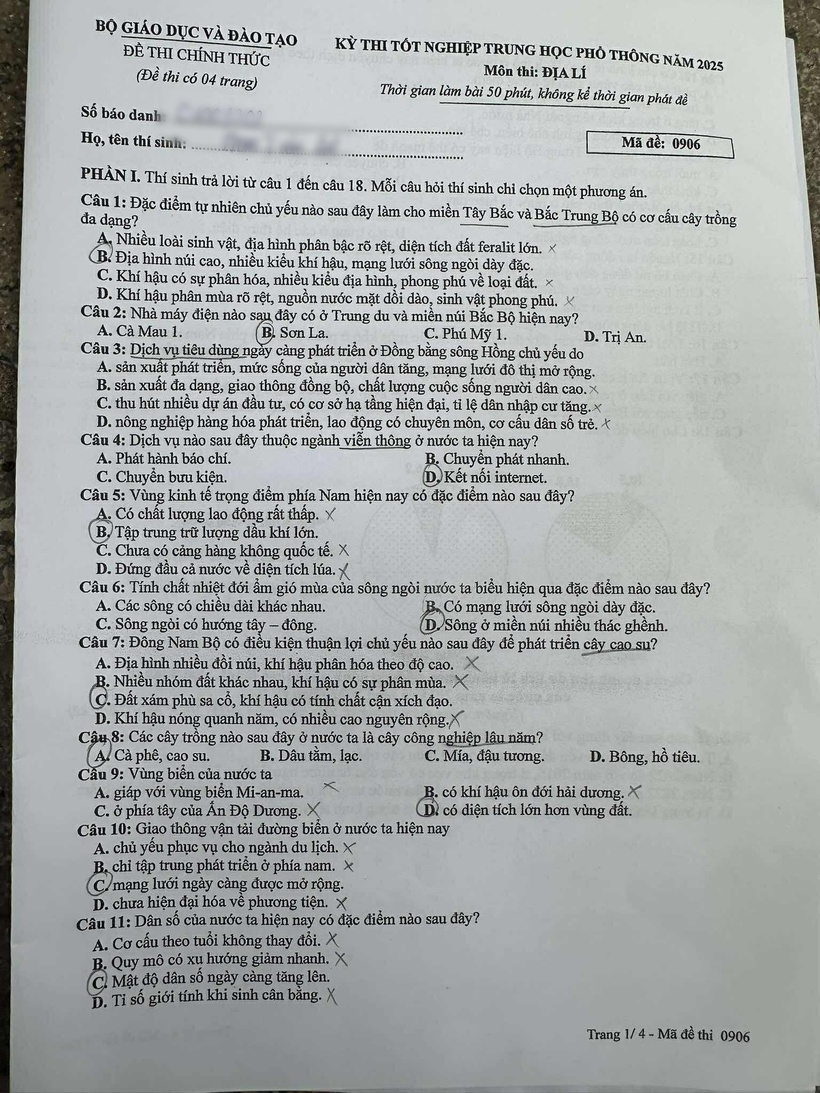 Đáp án, đề thi môn Địa lý mã đề 0906 Tốt nghiệp THPT 2025 chính xác nhất - 2
