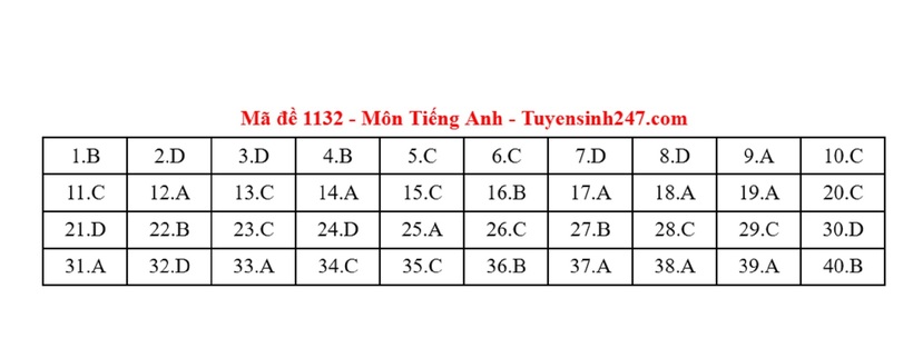 Đáp án gợi ý môn Tiếng Anh mã đề 1132 tốt nghiệp THPT 2025