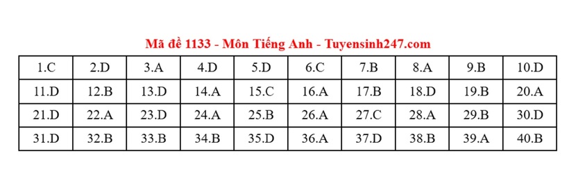 Đáp án gợi ý môn Tiếng Anh mã đề 1133 tốt nghiệp THPT 2025