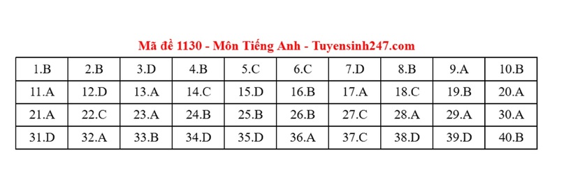 Đáp án gợi ý môn Tiếng Anh mã đề 1130 tốt nghiệp THPT 2025
