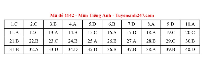 Đáp án gợi ý môn Tiếng Anh mã đề 1142 tốt nghiệp THPT 2025
